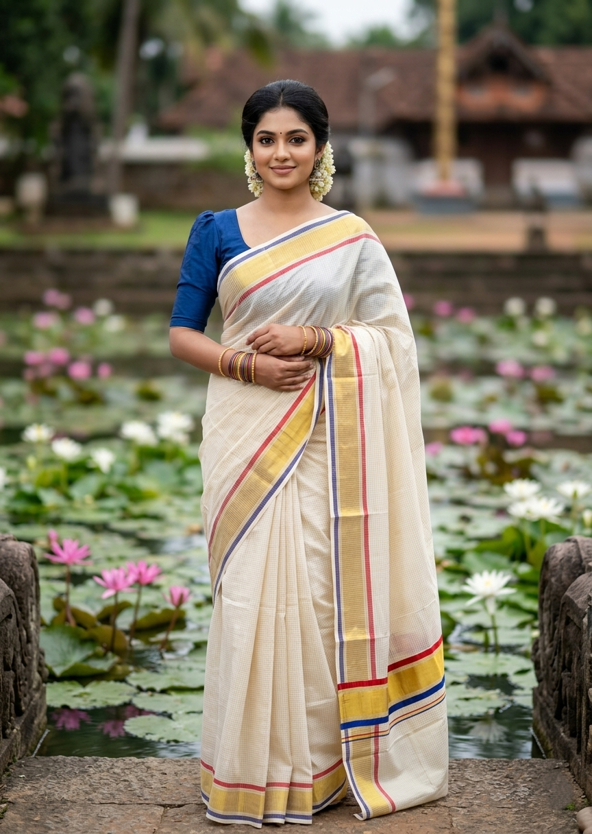 Southloom Kerala Cotton Kasavu Saree with Micro Check on Body in Red And Blue Border SL447