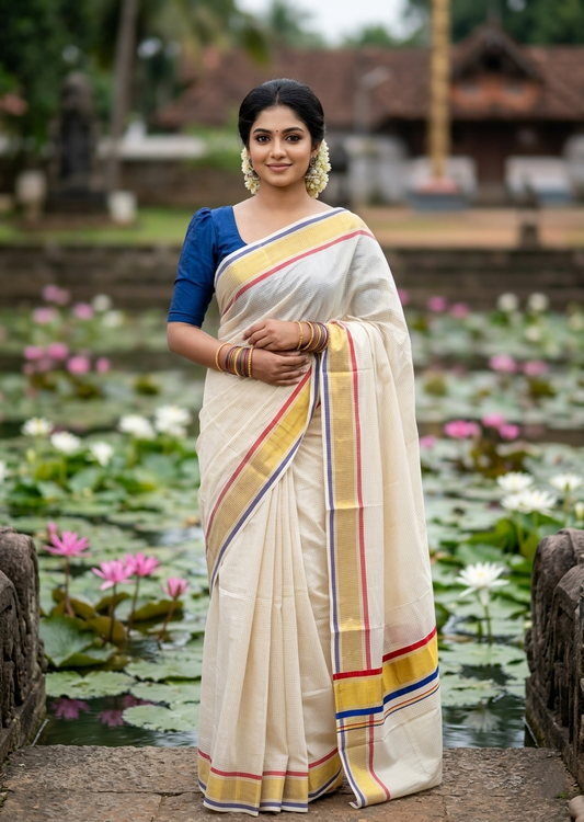 Southloom Kerala Cotton Kasavu Saree with Micro Check on Body in Red And Blue Border SL450