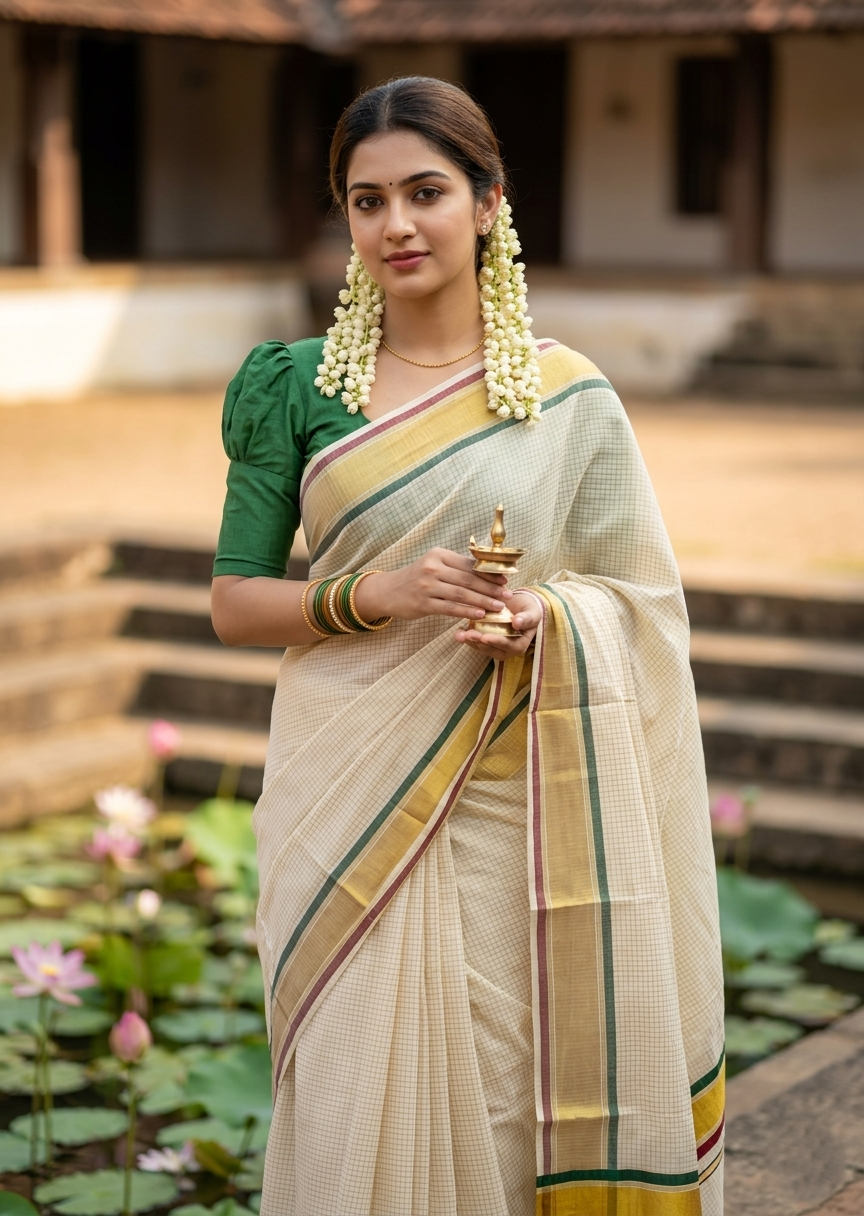 Southloom Kerala Cotton Kasavu Saree with Micro Check Design on Body in Green And Maroon Border SL447