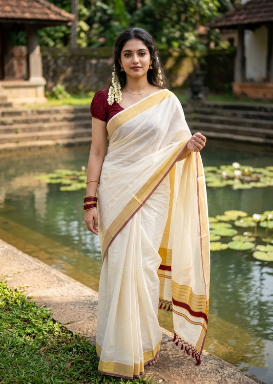 Southloom Pure Cotton Kerala Kasavu Saree with Gold Stripes on Body with Maroon Borders SL449