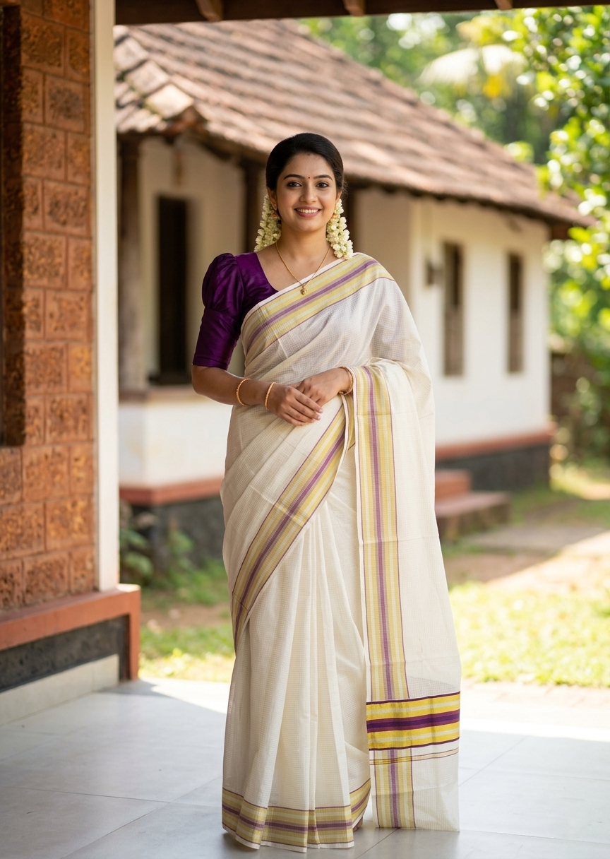 Southloom Kerala Cotton Kasavu Saree with Micro Check Design on Body in Purple Border SL448