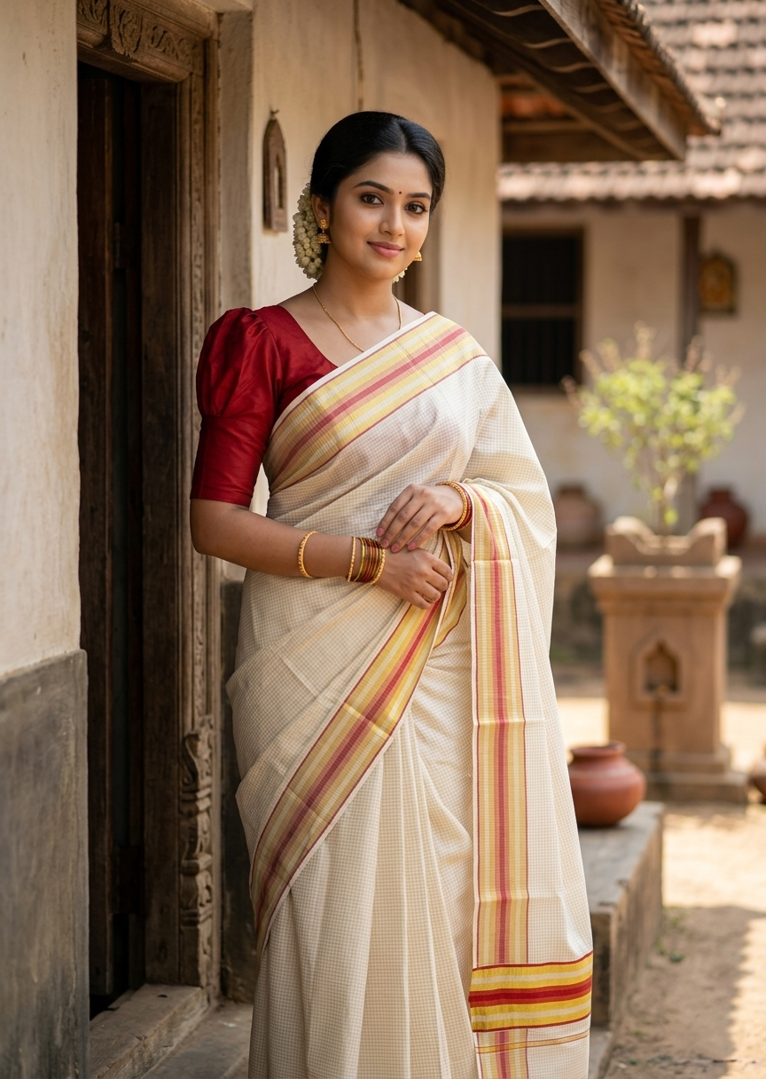 Southloom Kerala Cotton Kasavu Saree with Micro Check Design on Body in Red Border SL448