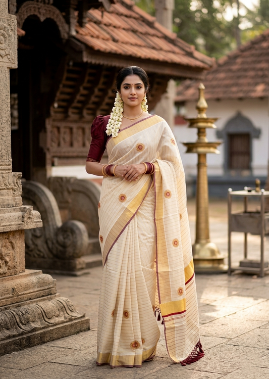 Southloom Kerala Tissue Kasavu Saree with Floral Embroidery Works on Body in Maroon
