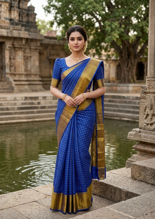 Southloom Kerala Semi Silk Saree With Check Design In Blue