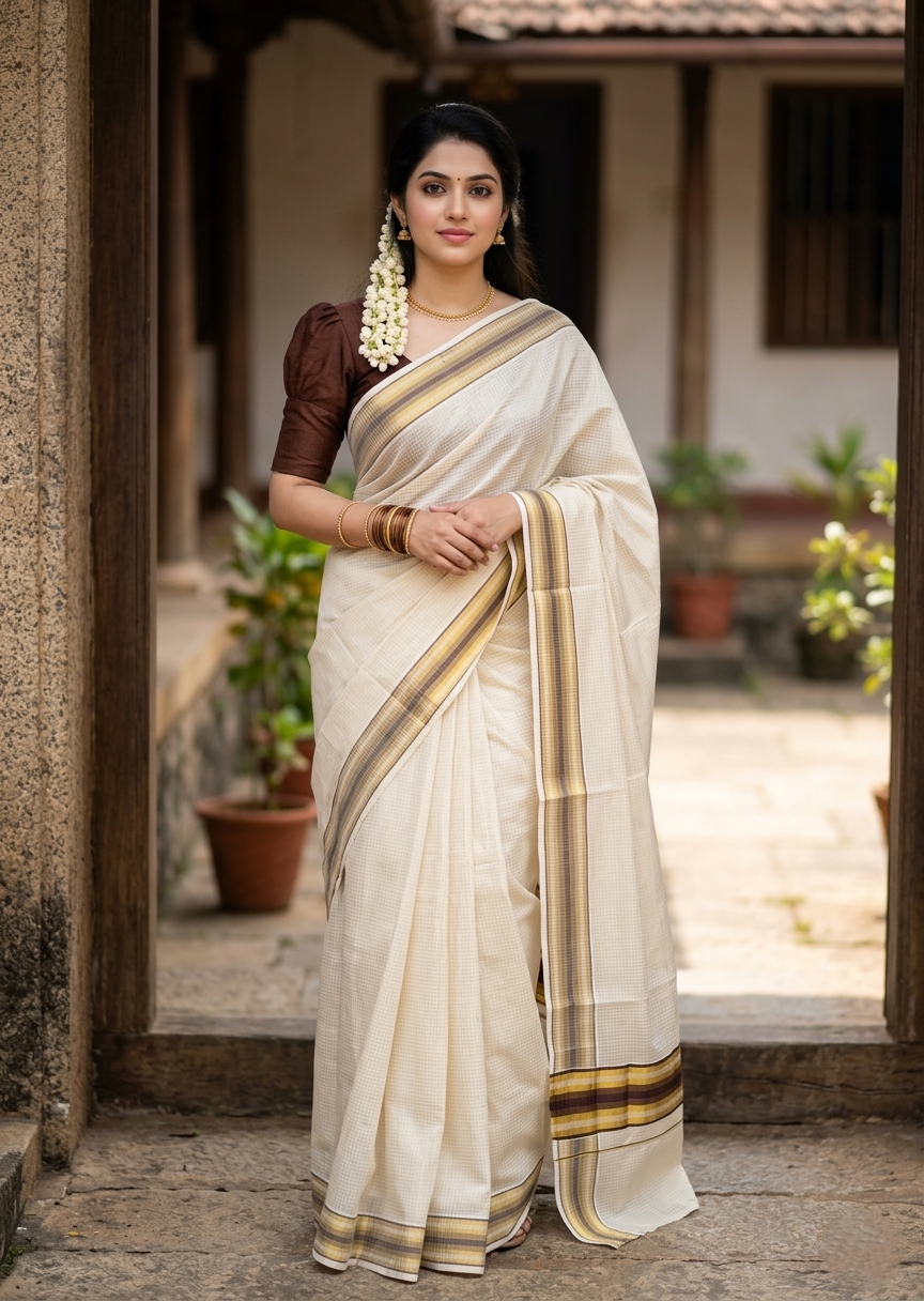 Southloom Kerala Cotton Kasavu Saree with Micro Check Design on Body in Brown Border SL448