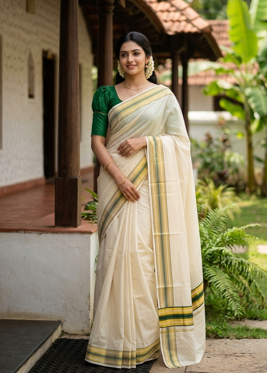 Southloom Kerala Cotton Kasavu Saree with Micro Check Design on Body in Green Border SL450