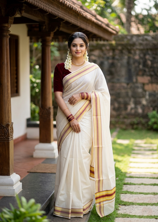 Southloom Kerala Cotton Kasavu Saree with Micro Check Design on Body in Maroon Border SL450