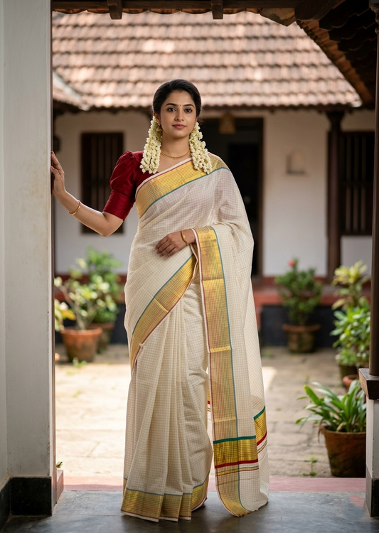 Southloom Kerala Cotton Kasavu Saree with Check Design on Body in Peacock Green And Red Border SL450