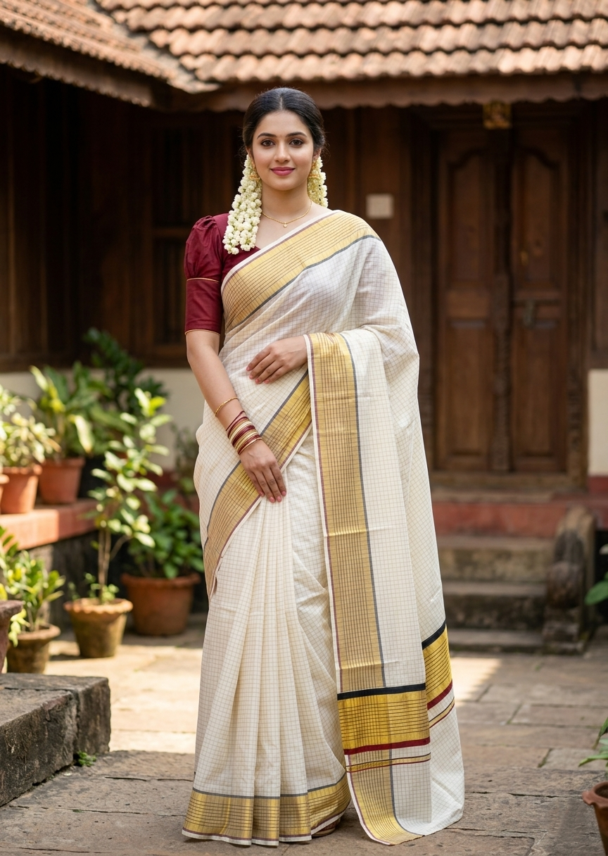 Southloom Kerala Cotton Kasavu Saree with Check Design on Body in Maroon And Black Border SL450