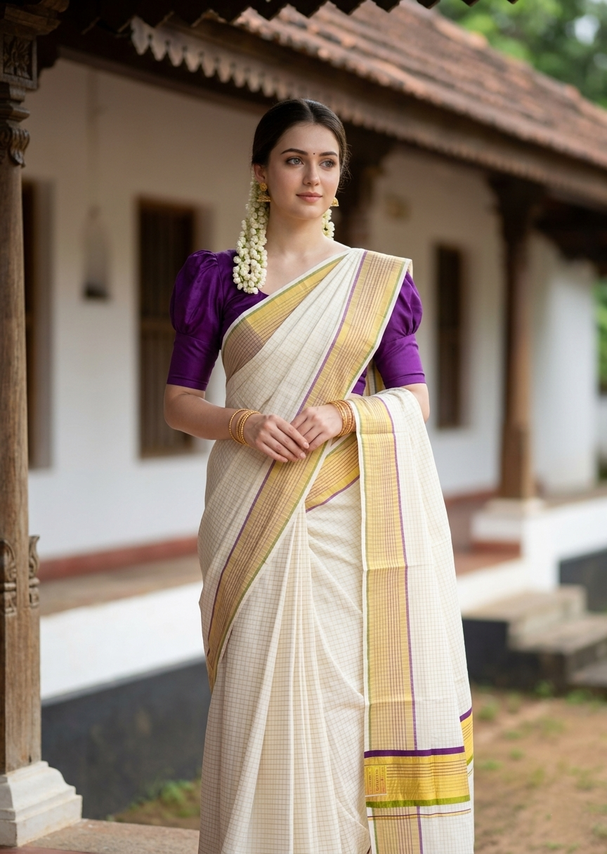 Southloom Kerala Cotton Kasavu Saree with Check Design on Body in Purple And Olive Green Border SL450