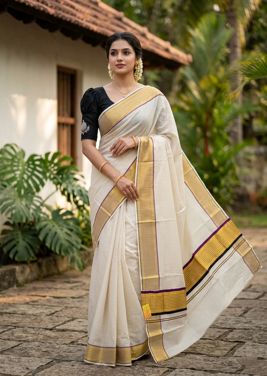 Southloom Kerala Cotton Kasavu Saree with Check Design on Body in Purple And Black Border SL450