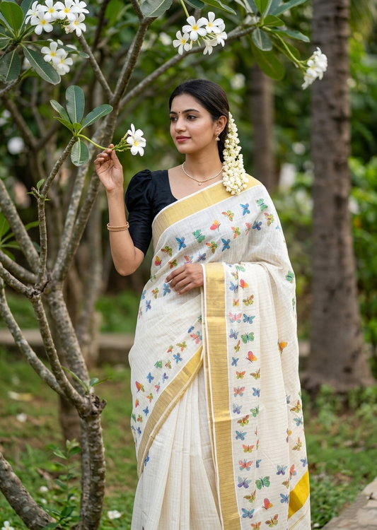 Southloom Kerala Cotton Kasavu Saree with Stripes With Multicolour Butterfly Digital Prints on Body and Borders SL462