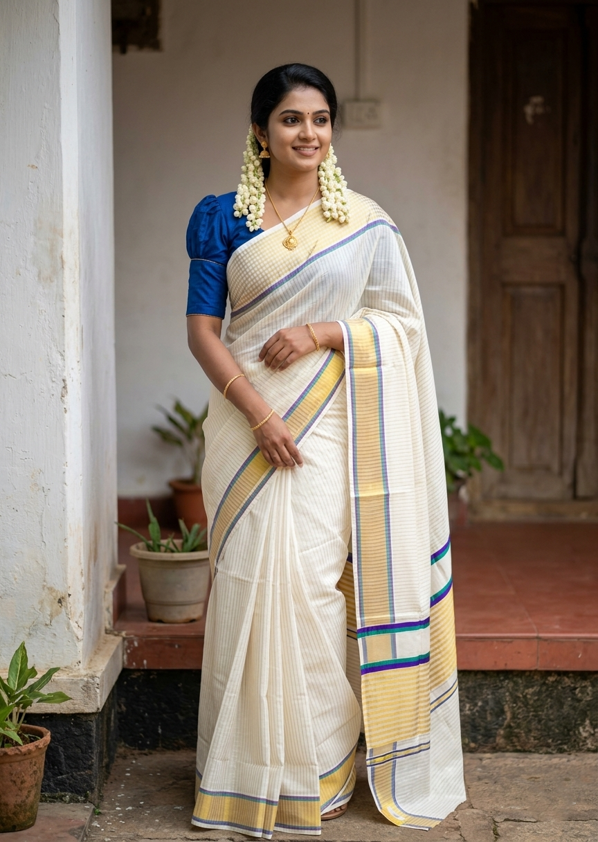 Southloom Kerala Cotton Kasavu Saree with Stripes on Body and Border in Peacock Green And Violet Border SL457