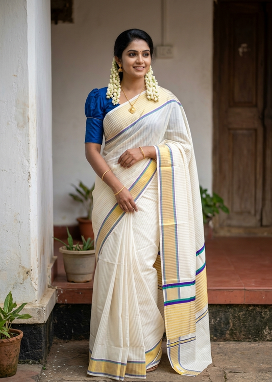 Southloom Kerala Cotton Kasavu Saree with Stripes on Body and Border in Peacock Green And Violet Border SL457