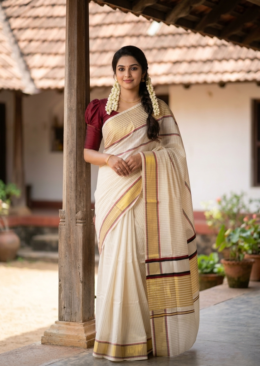 Southloom Kerala Cotton Kasavu Saree with Stripes on Body and Border in Black And Maroon Border SL457