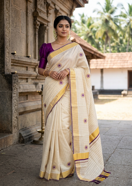 Southloom Kerala Tissue Kasavu Saree with Embroidery Works on Body in Purple