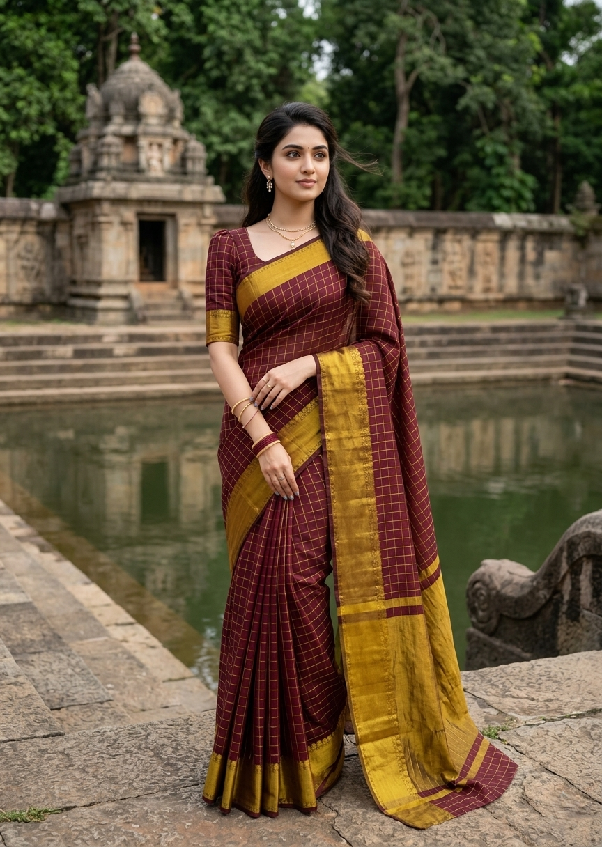Southloom Kerala Semi Silk Saree With Check Design In Maroon