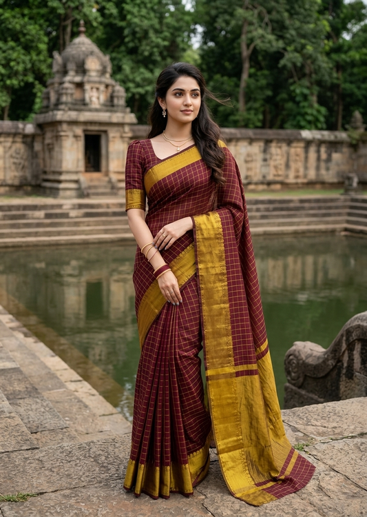 Southloom Kerala Semi Silk Saree With Check Design In Maroon