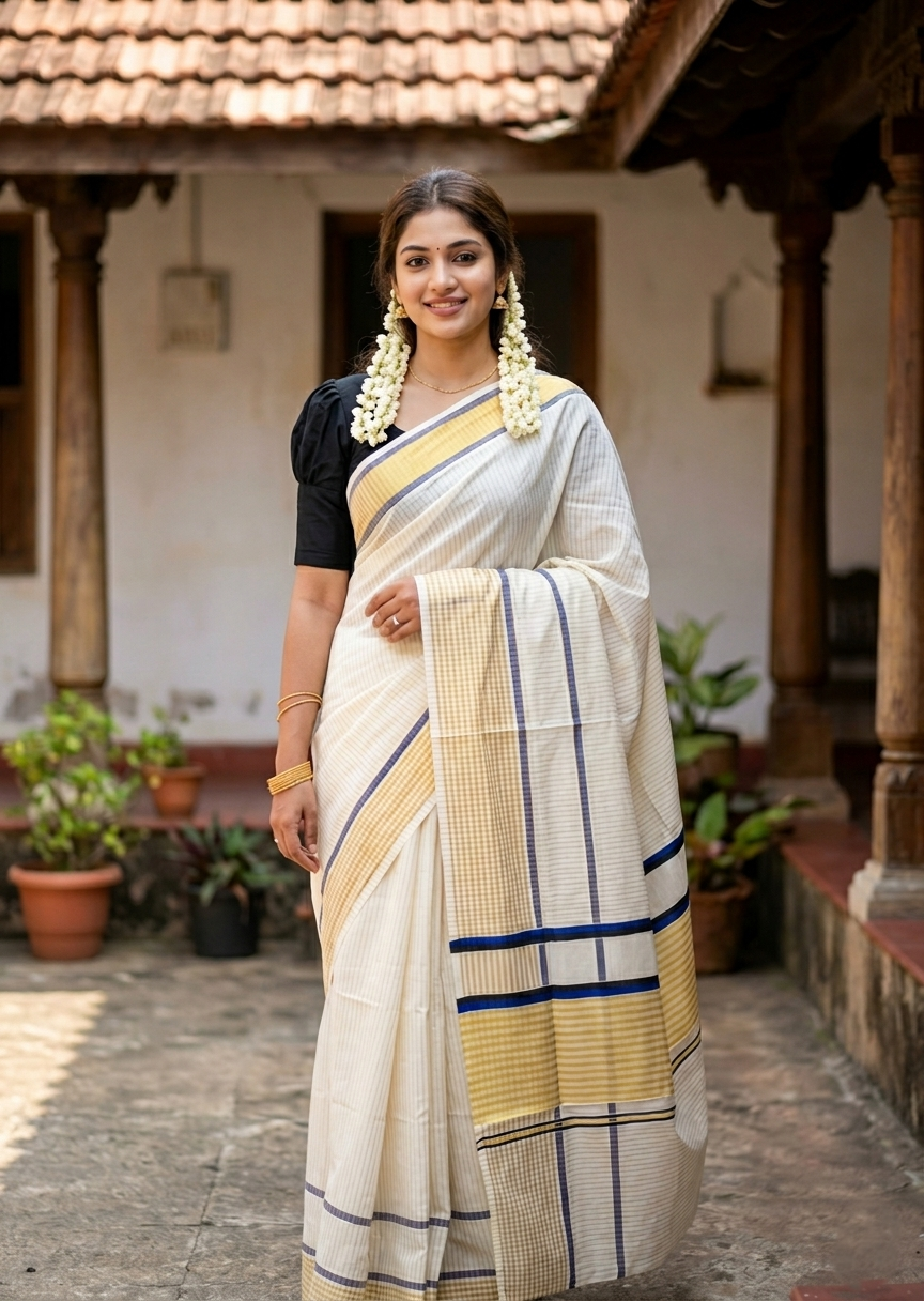 Southloom Kerala Cotton Kasavu Saree with Stripes on Body and Border in Blue And Black Border SL457