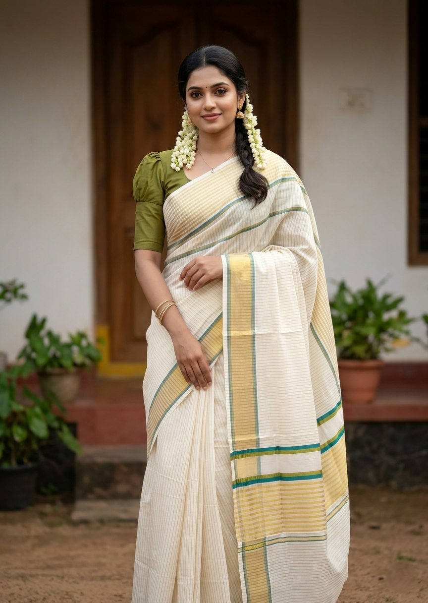 Southloom Kerala Cotton Kasavu Saree with Stripes on Body and Border in Peacock Blue And Olive Green Border SL457