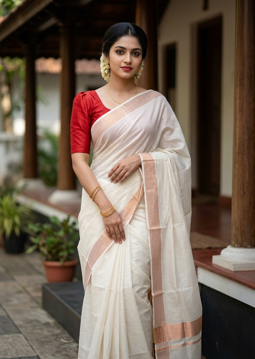 Southloom Kerala Cotton Copper Kasavu Saree with Micro Stripes on Body and Border SL458