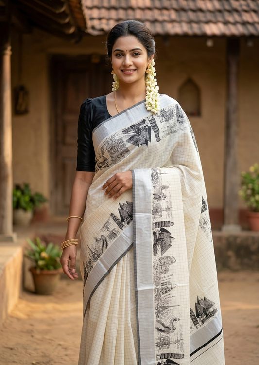 Southloom Silver Kasavu Check Saree with Black Border and Digital Prints SL461
