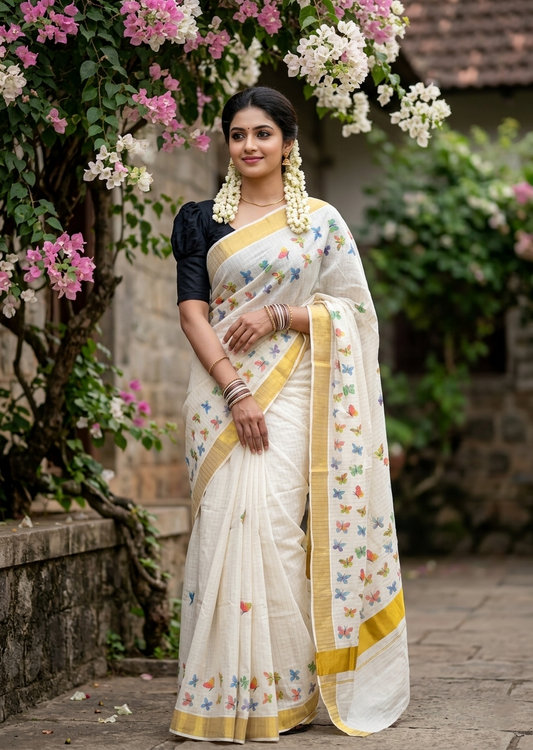 Southloom Kerala Cotton Kasavu Saree with Stripes With Multicolour Butterfly Digital Prints on Body and Borders SL462