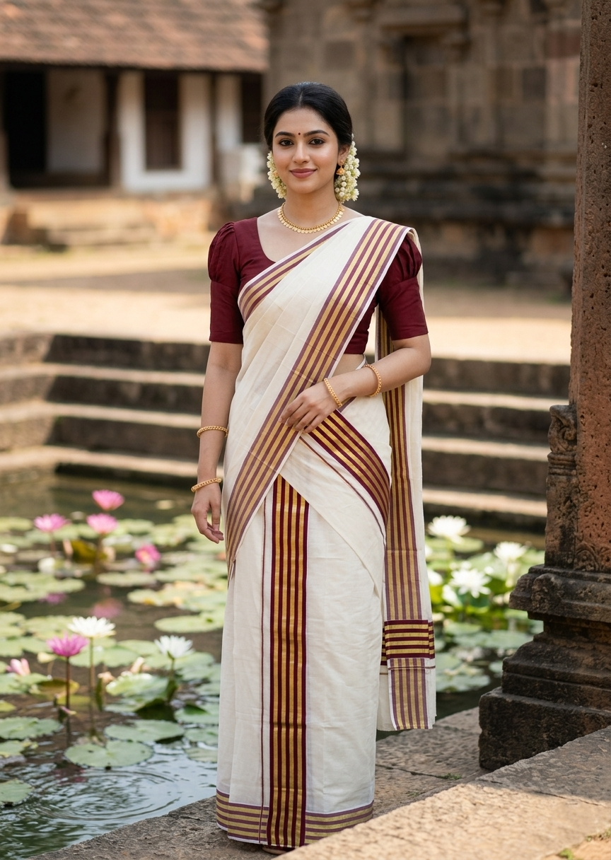Southloom Cotton Single Kasavu Set Mundu (Mundu Neriyathum) With Gold Kasavu and Maroon Border 2.80 Mtrs SL463