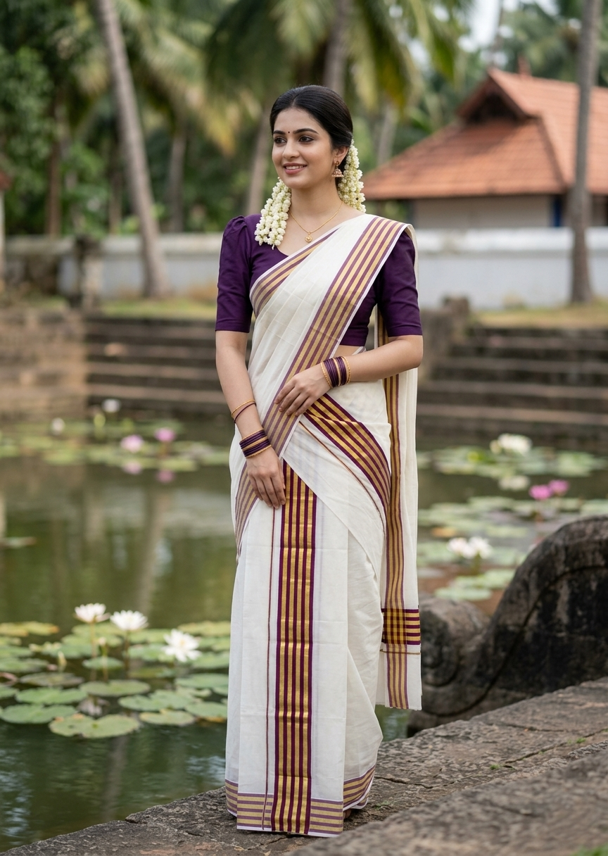 Southloom Cotton Single Kasavu Set Mundu (Mundu Neriyathum) With Gold Kasavu and Purple Border 2.80 Mtrs SL463