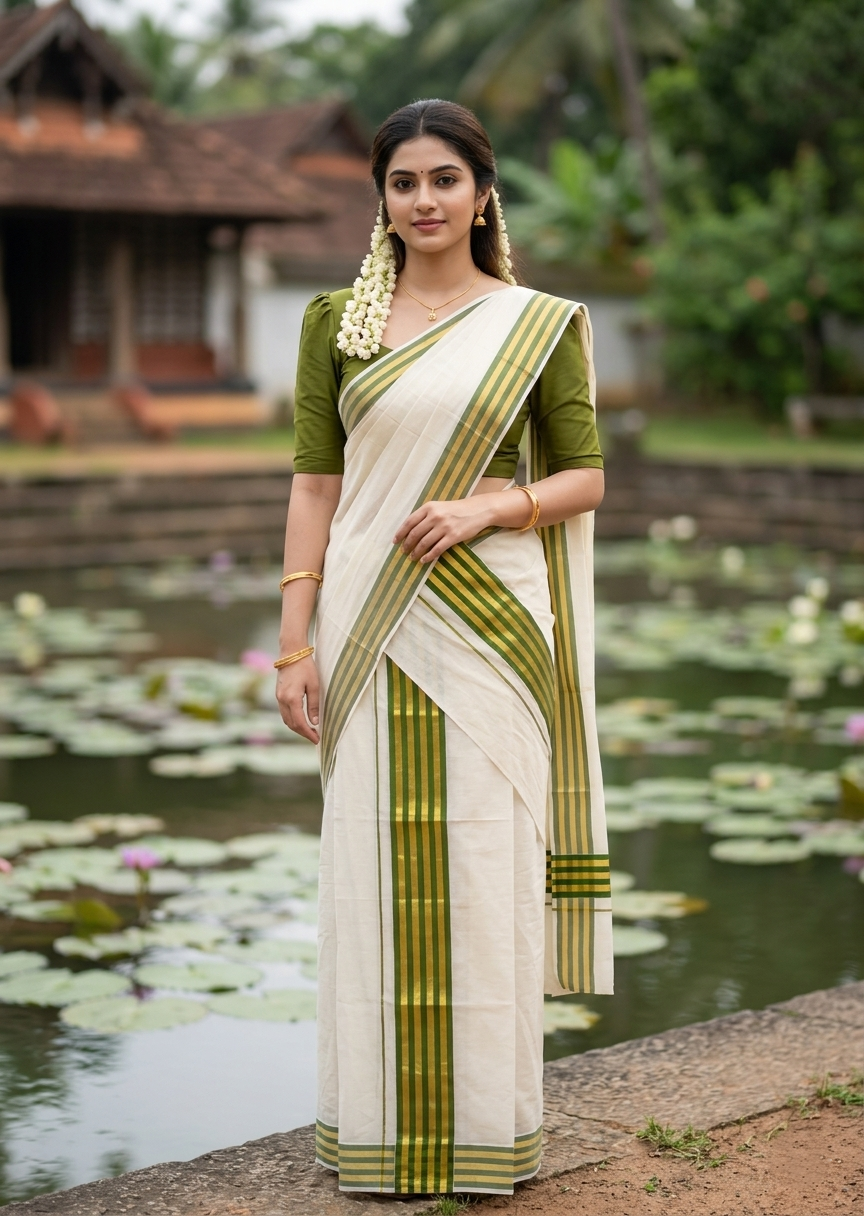 Southloom Cotton Single Kasavu Set Mundu (Mundu Neriyathum) With Gold Kasavu and Olive Green Border 2.80 Mtrs SL463