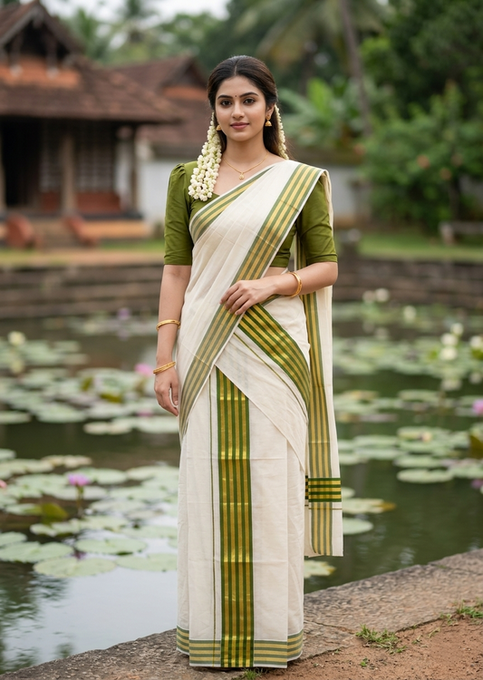 Southloom Cotton Single Kasavu Set Mundu (Mundu Neriyathum) With Gold Kasavu and Olive Green Border 2.80 Mtrs SLKK SL463