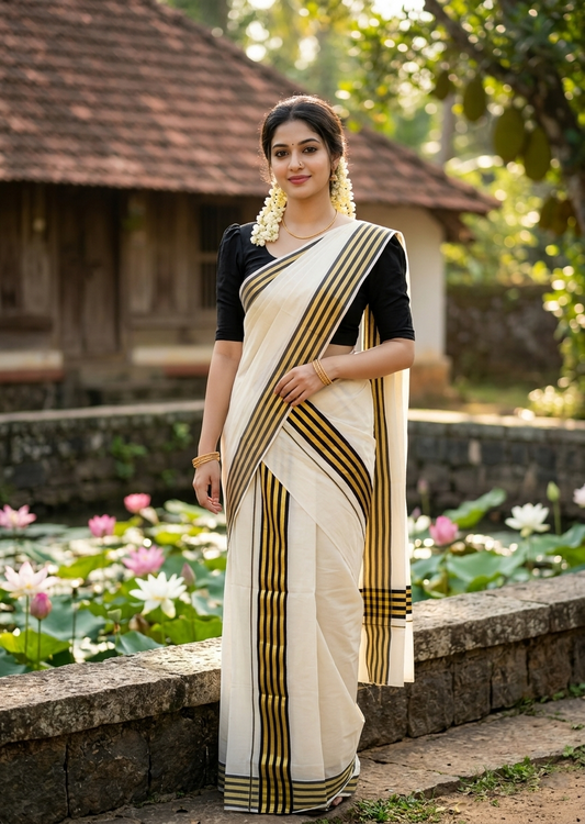 Southloom Cotton Single Kasavu Set Mundu (Mundu Neriyathum) With Gold Kasavu and Black Border 2.80 Mtrs SLKK SL463