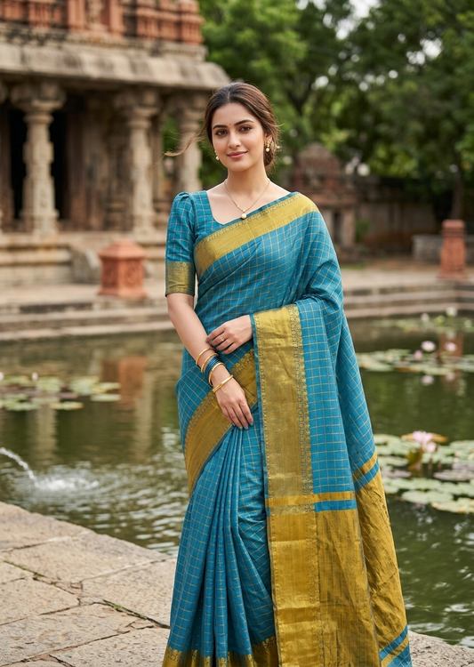 Southloom Kerala Semi Silk Saree With Check Design In  Blue