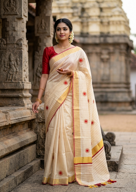 Southloom Kerala Tissue Kasavu Saree with Floral Embroidery Works on Body in Red