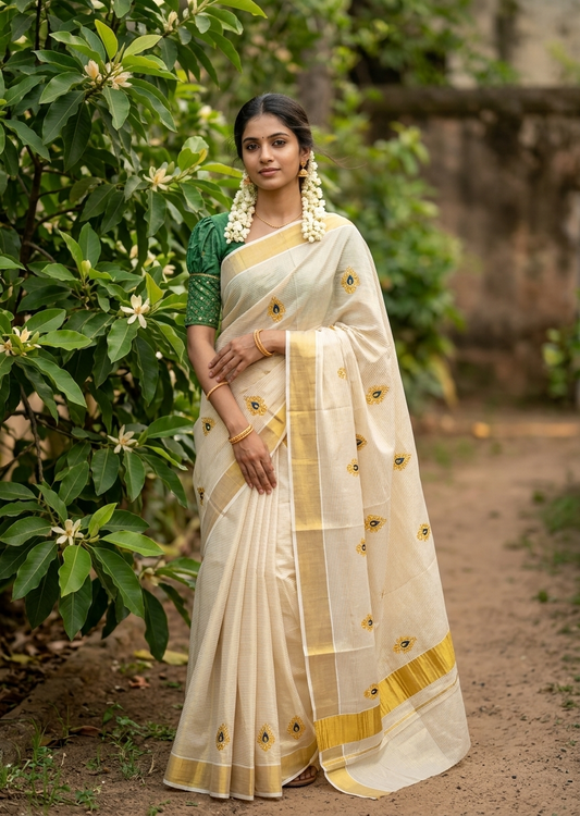 Southloom Tissue Kerala Kasavu Saree with Green & Gold Embroidery Designs on Body