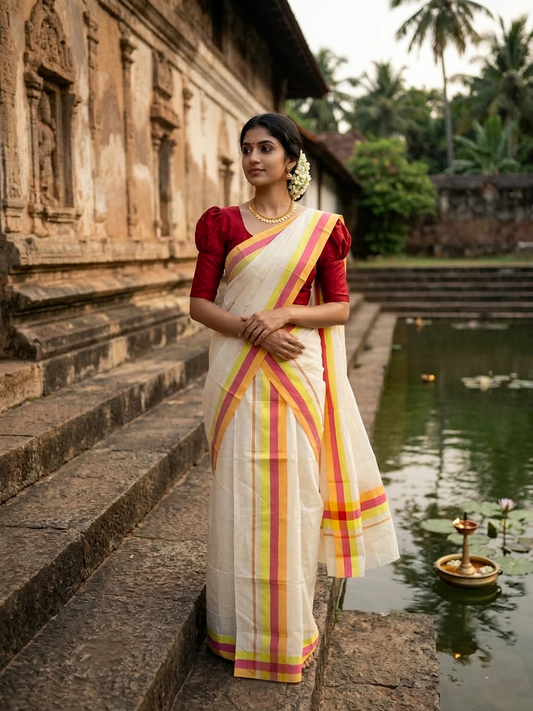 Southloom Pure Cotton Kerala Single Mulloth Set Mundu (Mundum Neriyathum) Orange & Red Border in 2.80 mtrs SL243