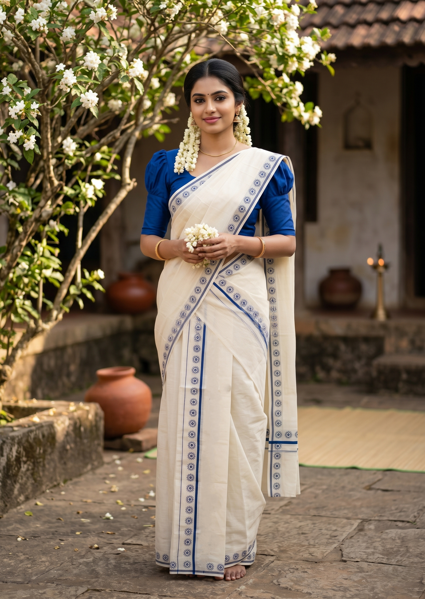 Southloom Pure Cotton Kerala Single Set Mundu (Mundum Neriyathum) with Floral Digital Prints in Blue 2.80 Mtrs SL359