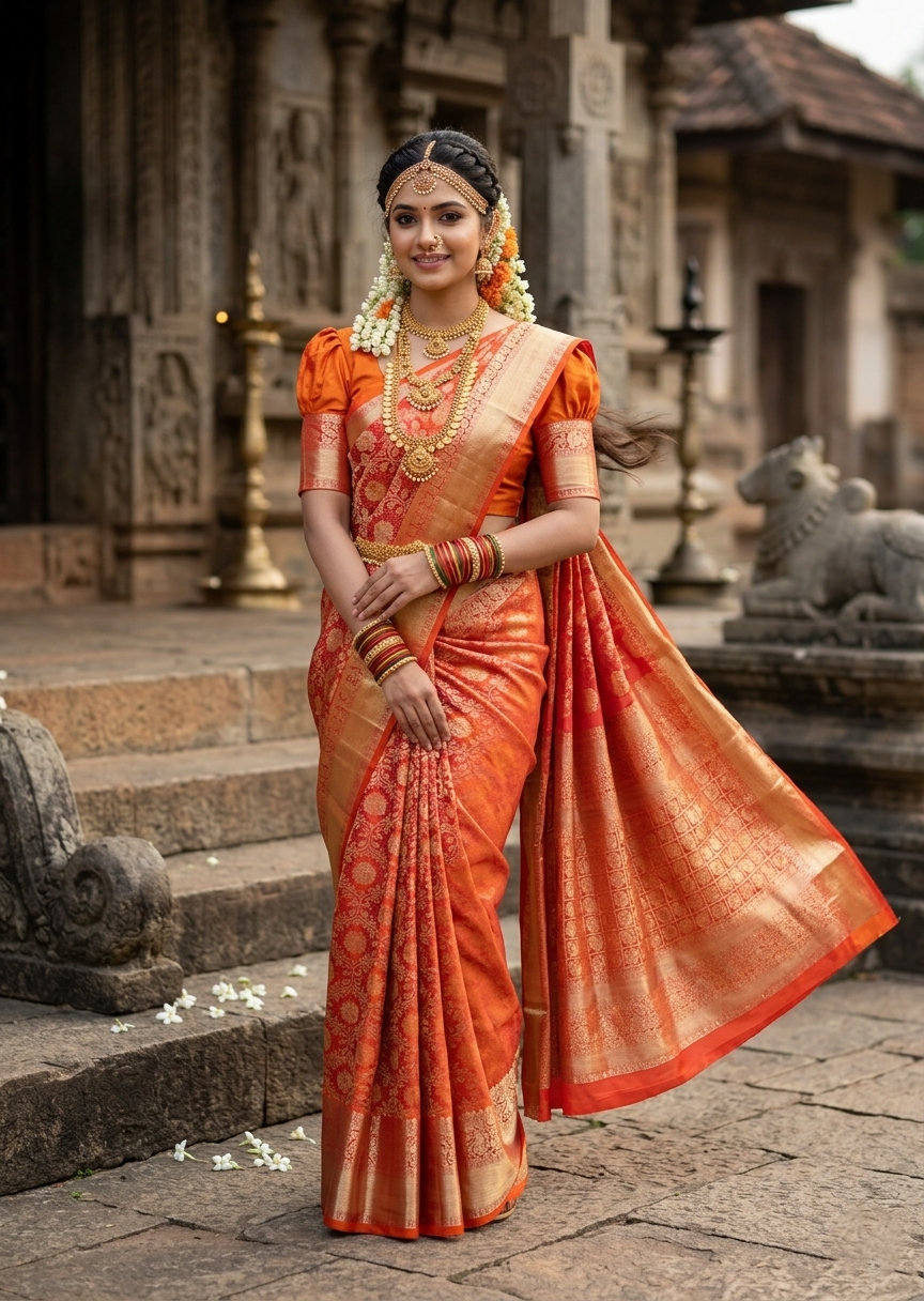 Southloom Premium Handloom Bridal Kanchipuram Silk Saree with Korvai Work (Orange)