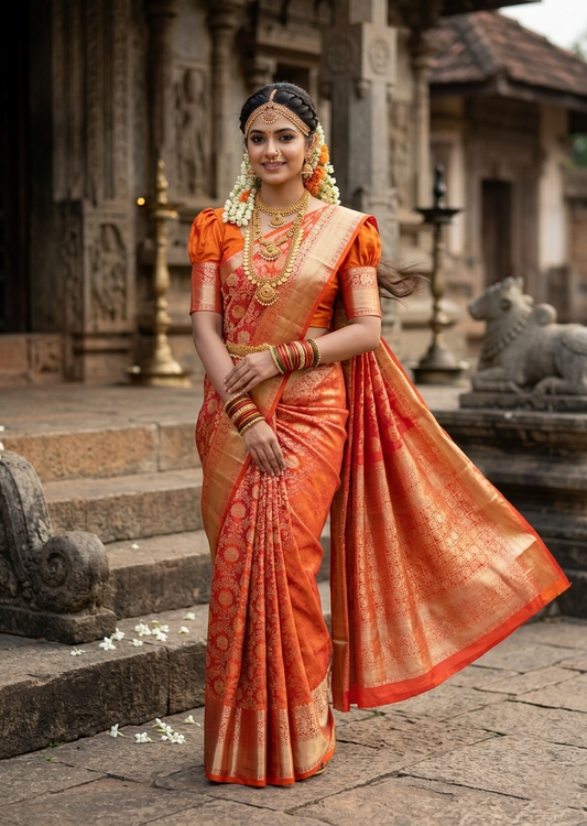 Southloom Premium Handloom Bridal Kanchipuram Silk Saree with Korvai Work (Orange)