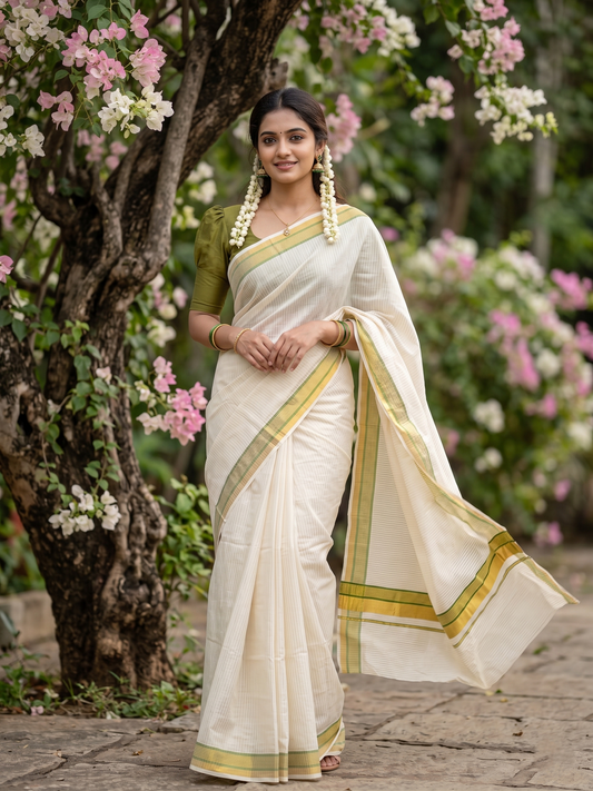 Southloom Kerala Cotton Kasavu Saree with Stripes on Body in Olive Green Border SL356