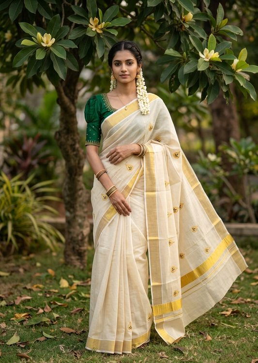 Southloom Kerala Tissue Kasavu Saree with Green&Gold Floral Embroidery Works