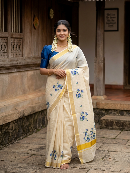 Southloom Tissue Kerala Kasavu Lines Saree with Floral Embroidery Design in Blue
