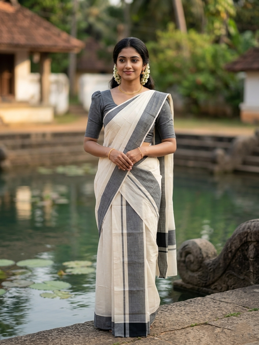 Southloom Pure Cotton Kerala Single Mulloth Set Mundu (Mundum Neriyathum) Black Border in 2.80 mtrs SL243