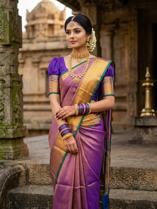 Southloom Premium Semi Silk Zari Work Bridal Brocade Saree in Violet with Matching Pallu