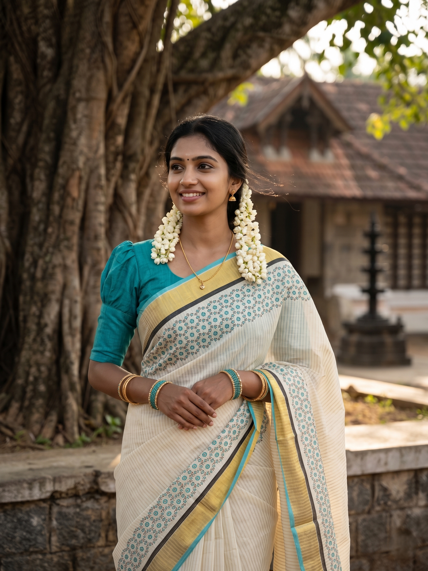 Southloom Kerala Cotton Kasavu Saree with Stripes And Floral Design on Body In Turqouise Border SL357