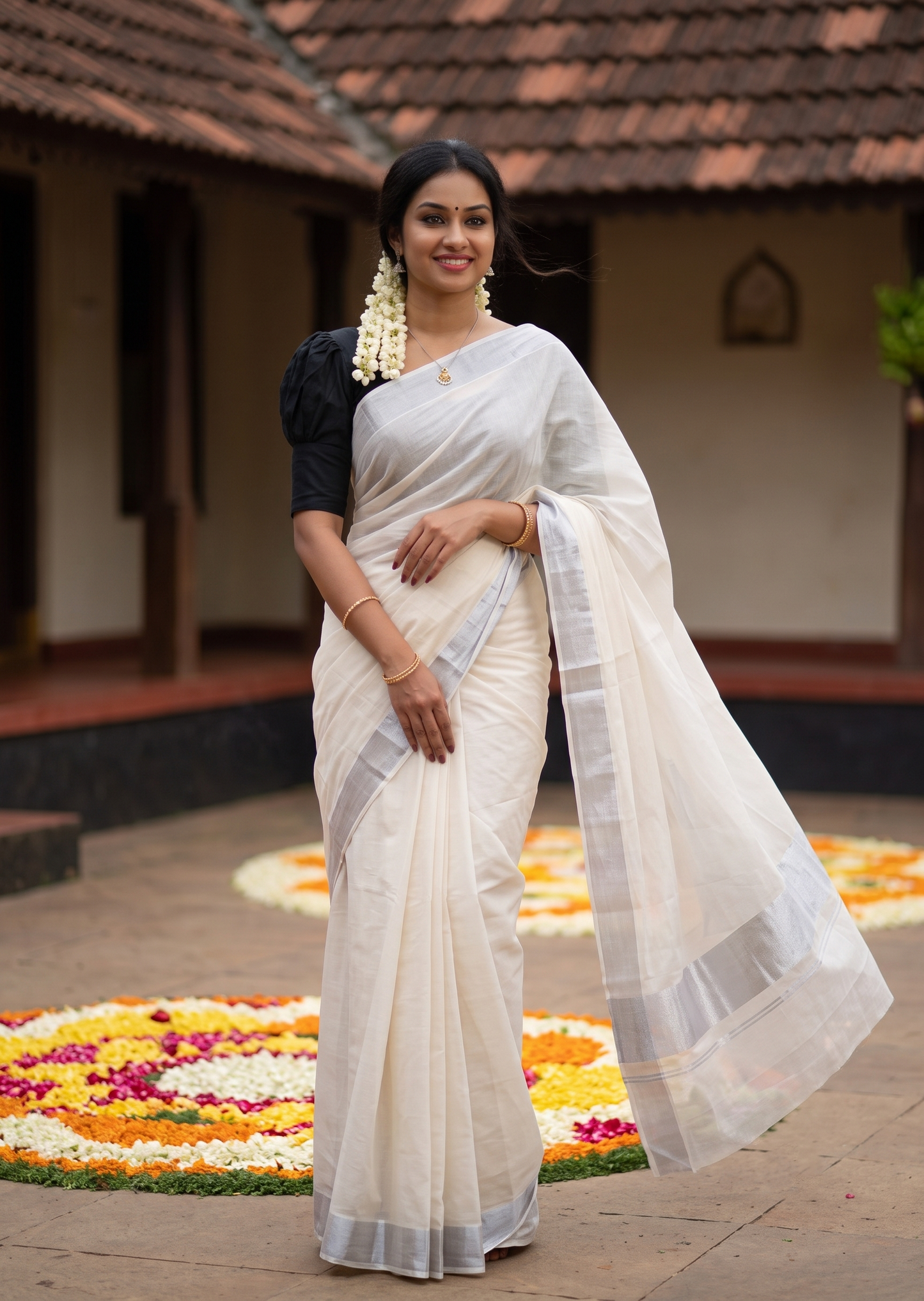 Southloom Kerala Plain Cotton Silver Kasavu 3 Inch Saree SL407