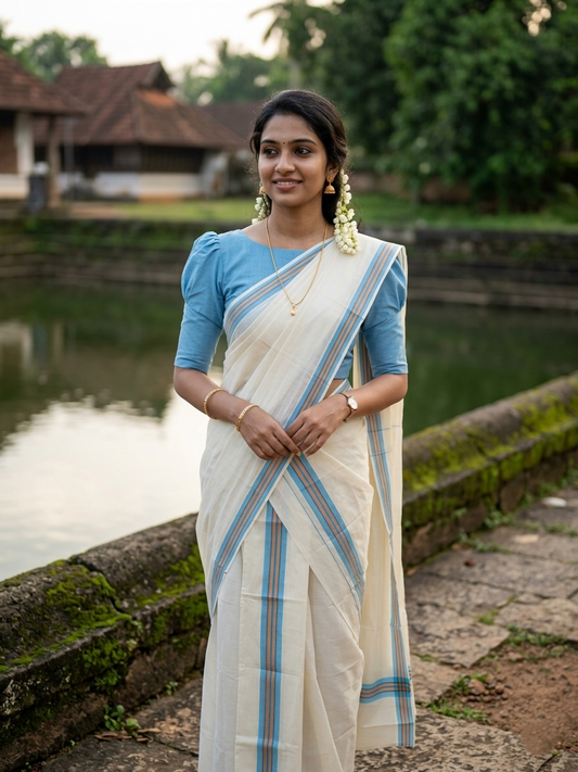 Southloom Pure Cotton Kerala Single Mulloth Set Mundu (Mundum Neriyathum) Blue & Orange Border in 2.50 mtrs SL243