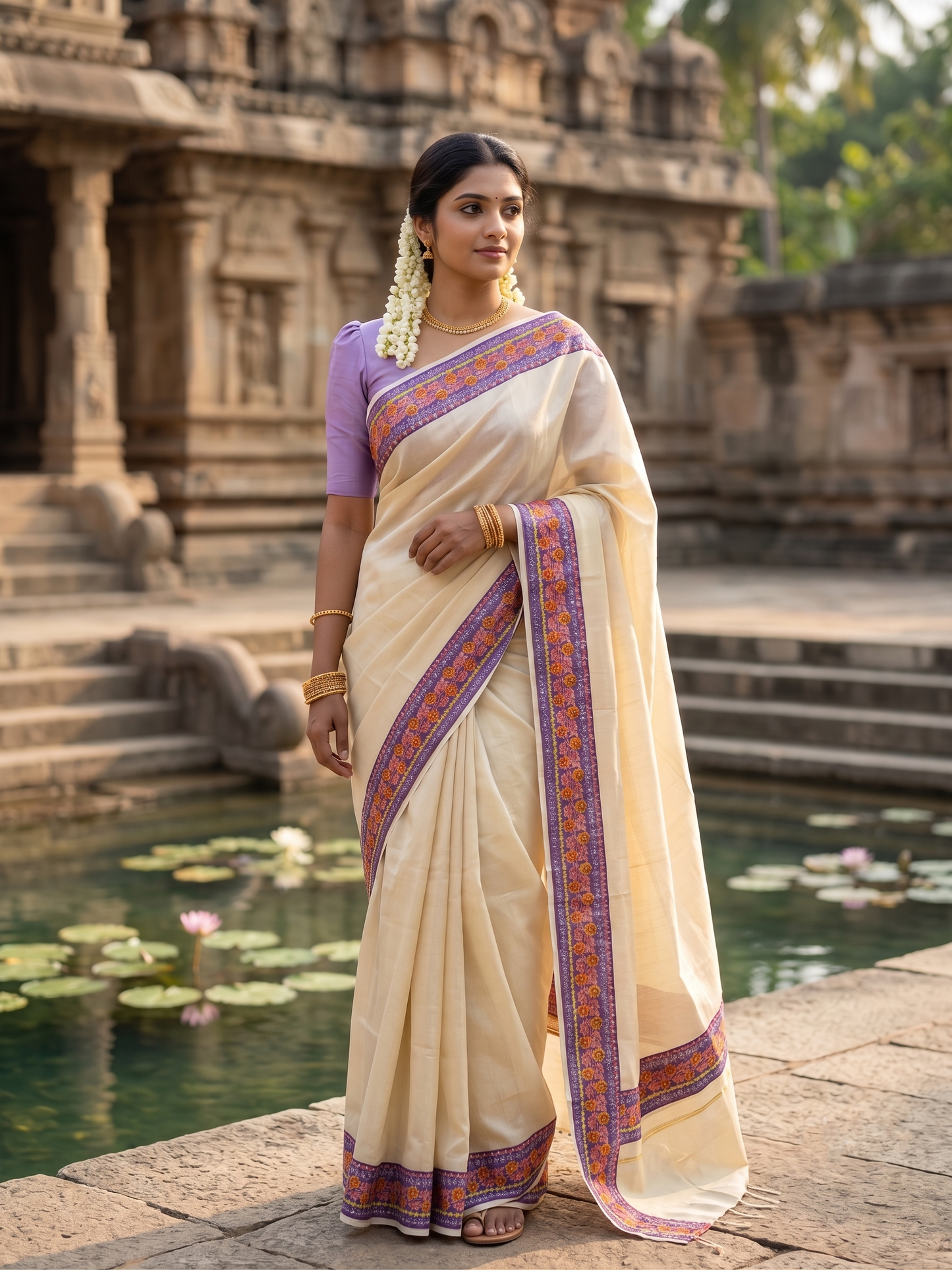 Southloom Kerala Tissue Plain Saree With Floral Digital Prints on Borders