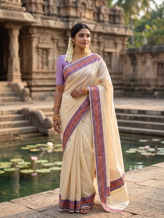 Southloom Kerala Tissue Plain Saree With Floral Digital Prints on Borders
