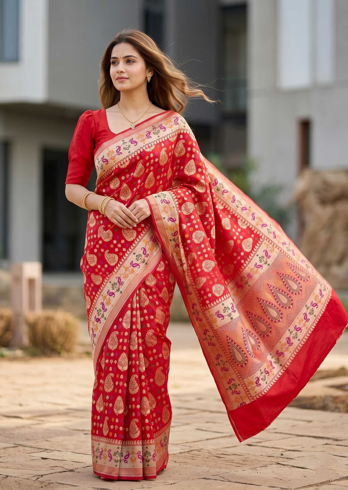 Southloom Pure Banarasi Silk Saree with Woven Work on Body and Borders (Red)